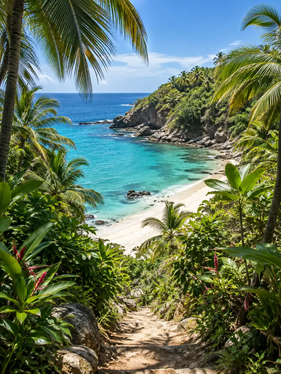 A jungle path through palms down to a small turquoise cove