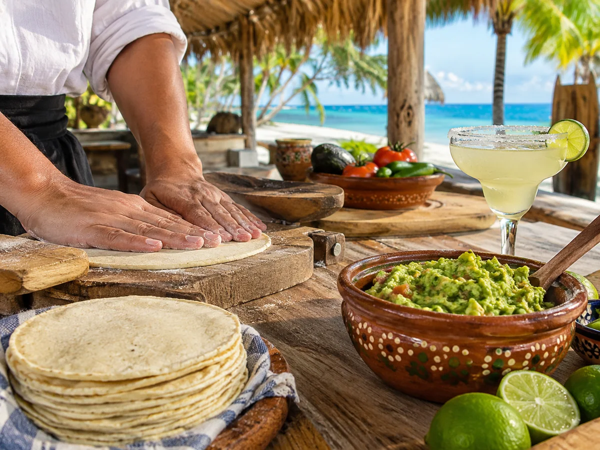 Hands pressing fresh corn tortillas beside guacamole and a margarita