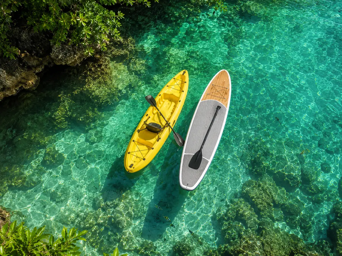A yellow kayak and a paddleboard floating on clear turquoise water
